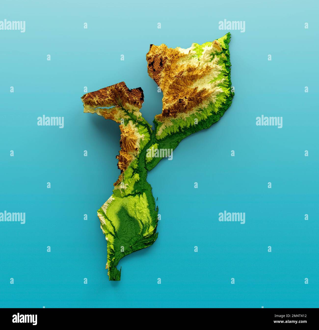 Un'illustrazione 3D della mappa del Mozambico rilievo ombreggiato colore altezza mappa sul mare sfondo blu Foto Stock