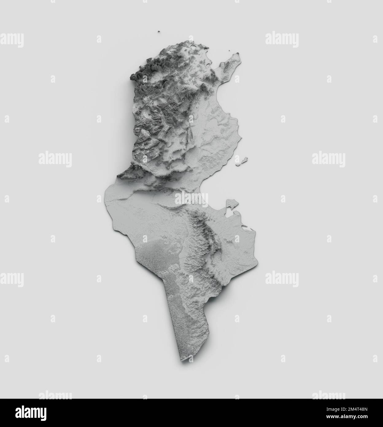 Un'illustrazione 3D della mappa Tunisia Flag rilievo ombreggiato colore altezza mappa su sfondo bianco Foto Stock