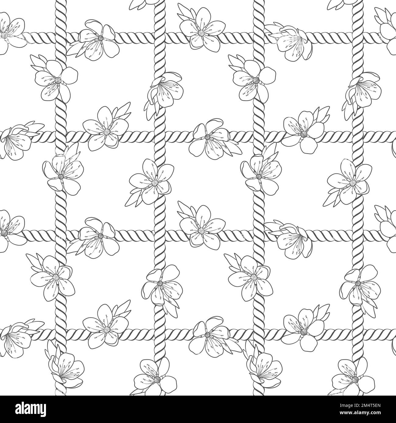Motivo senza cuciture con rete del cordone e fiori primaverili. Sfondo vettoriale bianco e nero su bianco. Illustrazione Vettoriale