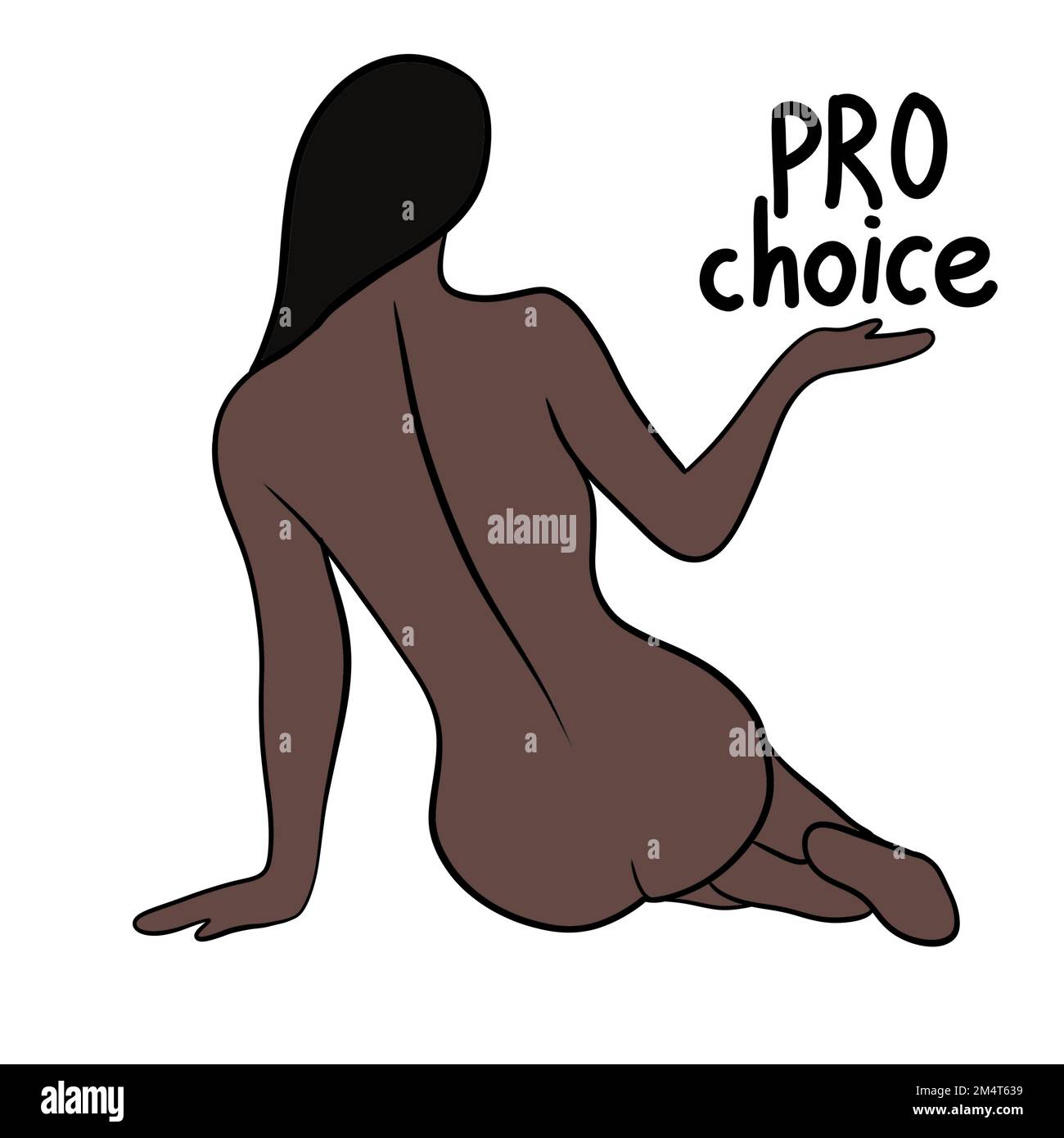 Il mio corpo la mia scelta disegnata a mano illustrazione con corpo africano nero della donna. Concetto di attivismo del femminismo, diritti di aborto riproduttivo, disegno di row v wade. Donna con parole pro choice scritta capelli scuri Foto Stock