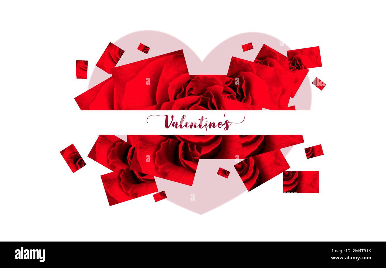 Buon giorno di San Valentino concetto, immagine ritagliata di molte rose rosse e cuori su sfondo bianco con testo decorativo Foto Stock
