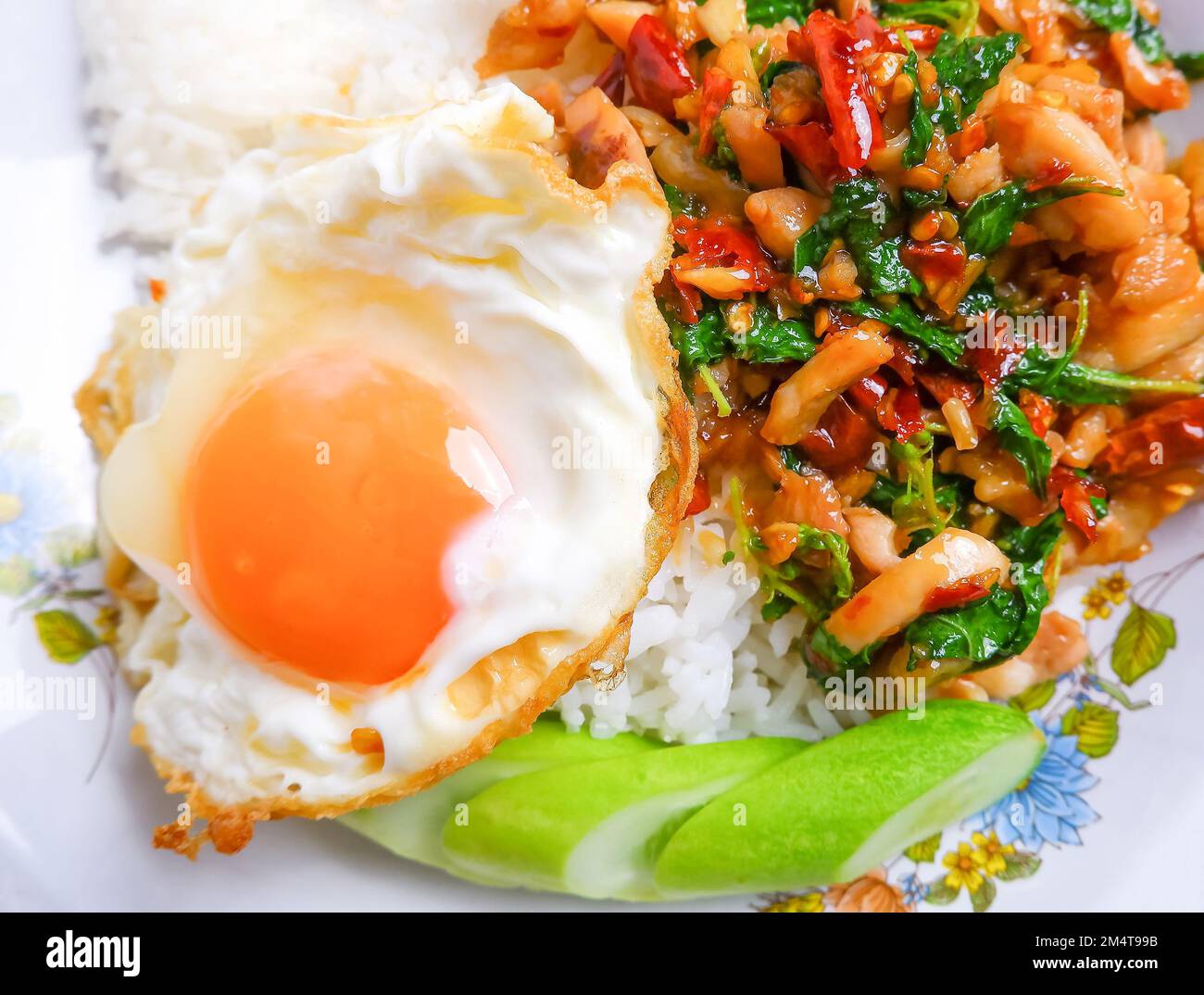 Primo piano di basilico fritto con pollo e uovo fritto, concetto fotografico non studio Street food Foto Stock