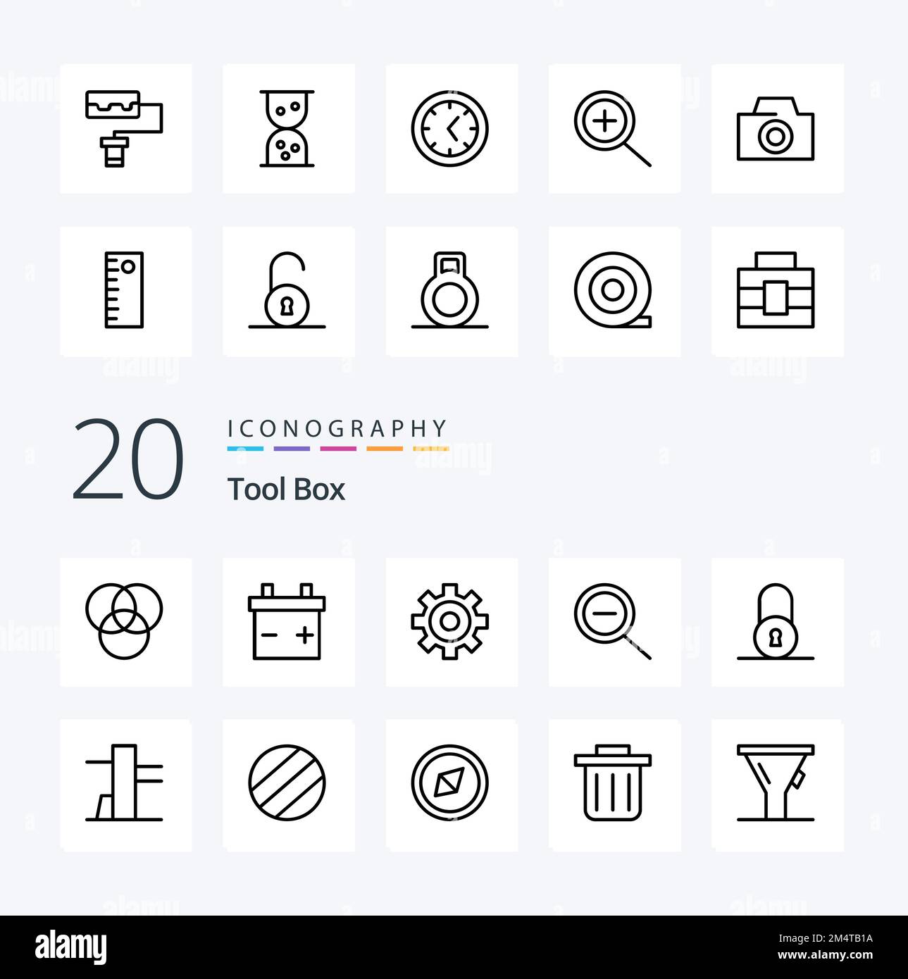 20 Strumenti linea icone Pack come pattern imbuto utensili e utensili simbolo litro Illustrazione Vettoriale