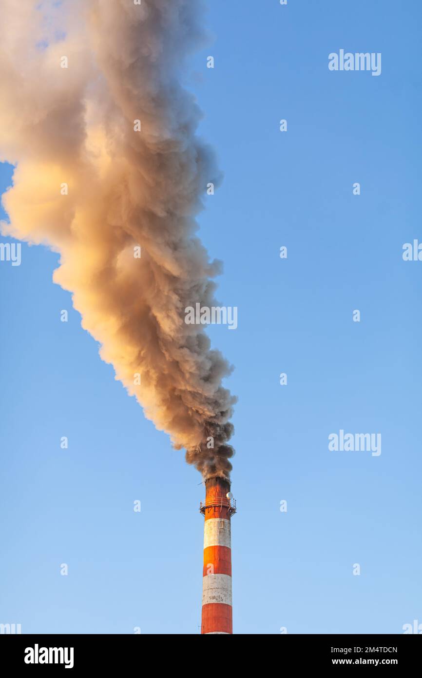 Fumo bianco spesso dal camino del locale caldaia. Fumo contro il cielo blu. Inquinamento atmosferico. Riscaldamento della città. Zona industriale. Foto Stock