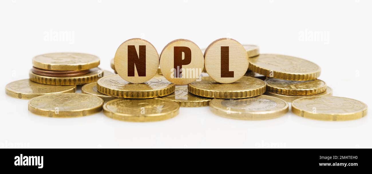 Concetto di business e finanza. Su una superficie bianca si trovano monete e cerchi di legno con l'iscrizione - NPL Foto Stock