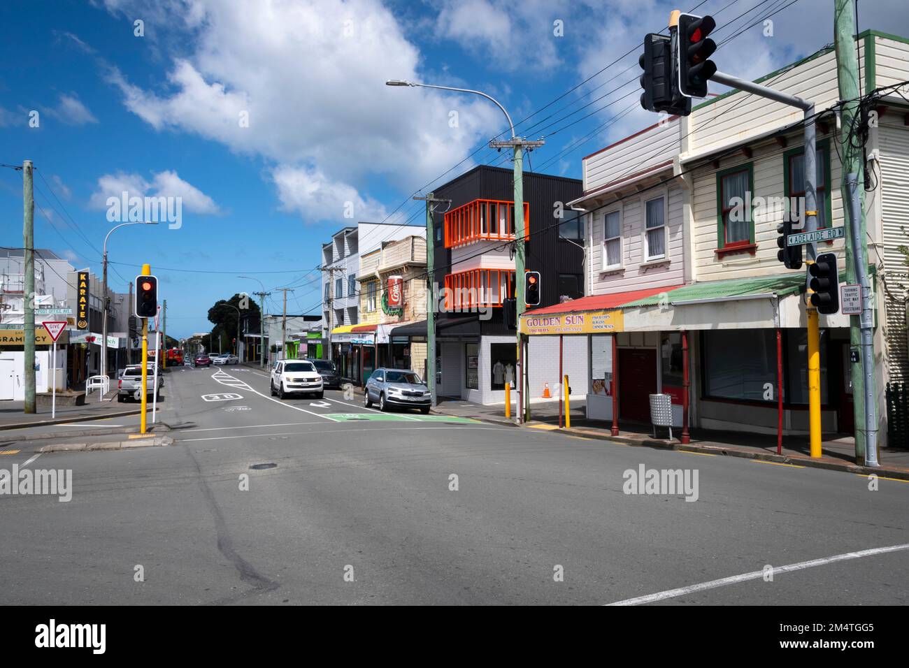 Centro commerciale su Adelaide Road, Berhampore, Wellington, North Island, Nuova Zelanda Foto Stock