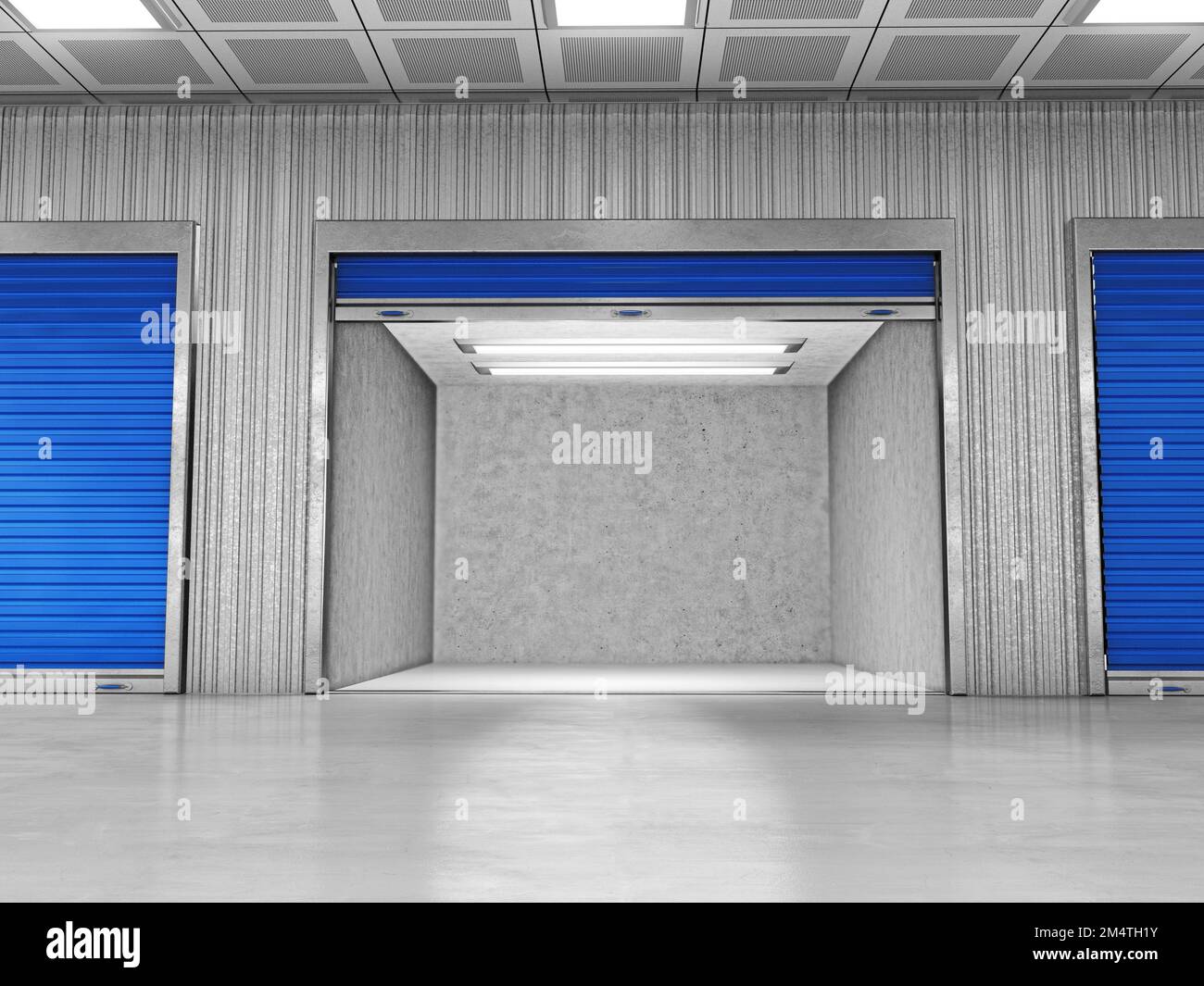 Unità di stoccaggio self-service con una camera vuota aperta. Illustrazione 3D. Foto Stock