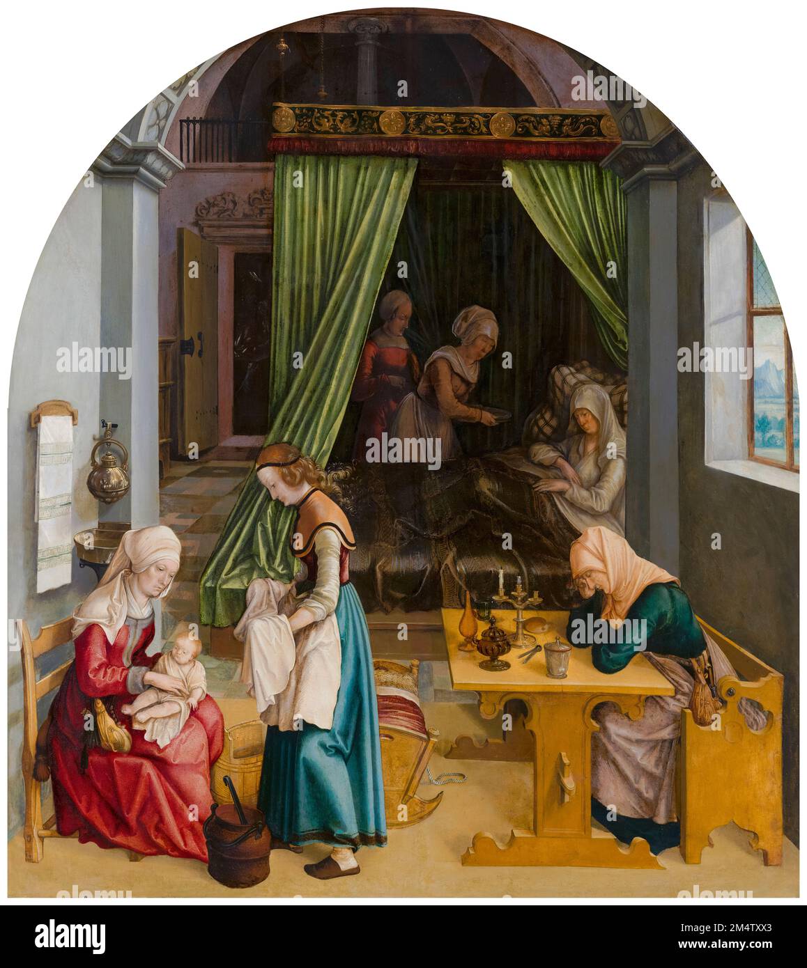 La nascita di Maria, pittura in olio su pannello da 16th ° secolo scuola tedesca, circa 1520 Foto Stock
