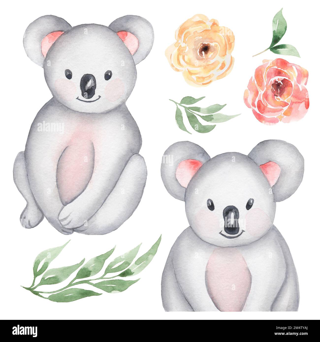 Acquerello Koala animale clipart. Baby orso, verde anf fiori in colore neutro clip art.. Baby doccia, festa di compleanno, arte nursery file PNG DIY. Cu Foto Stock