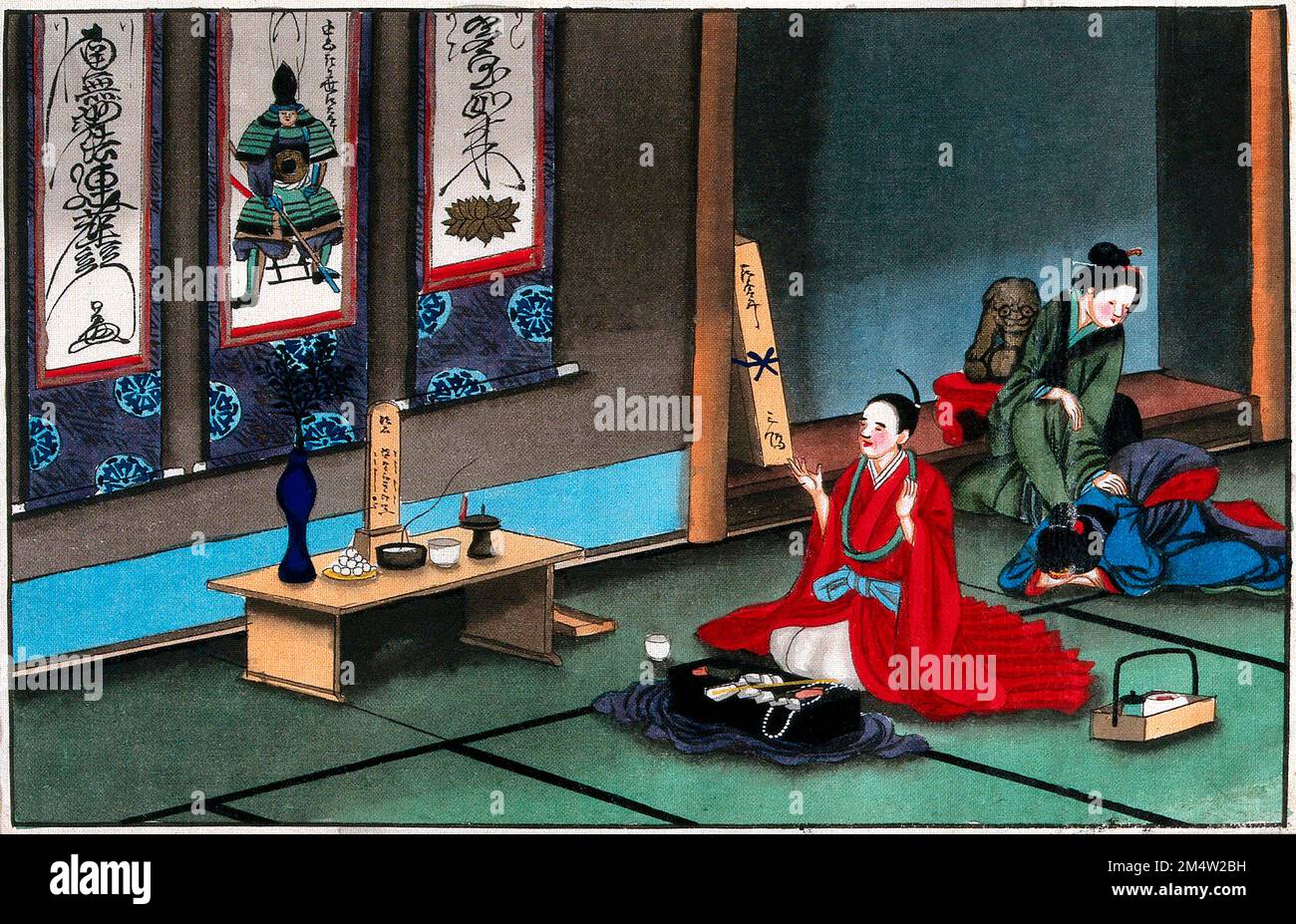 Costumi funebri giapponesi: Un capo sacerdote buddista inginocchiato e di colore rosso canta davanti all'immagine di un antenato di famiglia. Acquerello, ca. 1880 Foto Stock