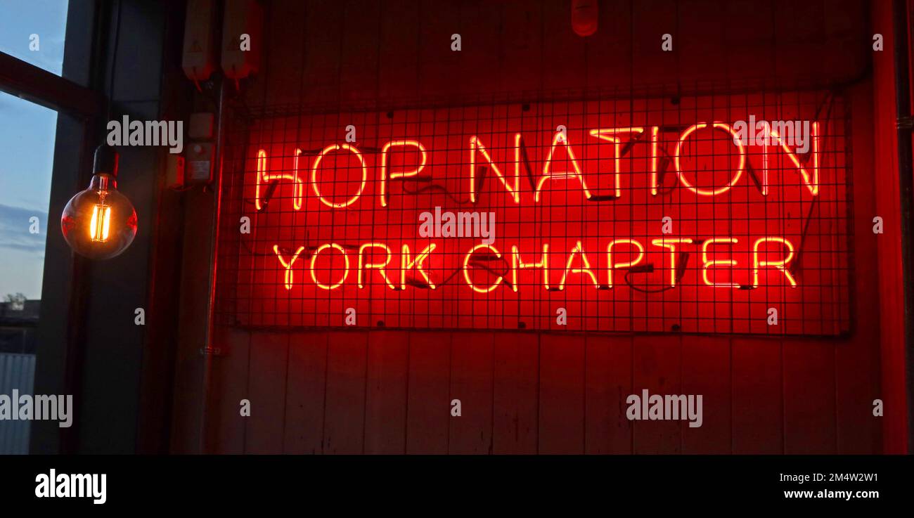 BrewDog, Hop Nation, York Chapter, segno rosso al neon, 130-134 Micklegate, York, North Yorkshire, Inghilterra, Regno Unito, YO1 6JX Foto Stock