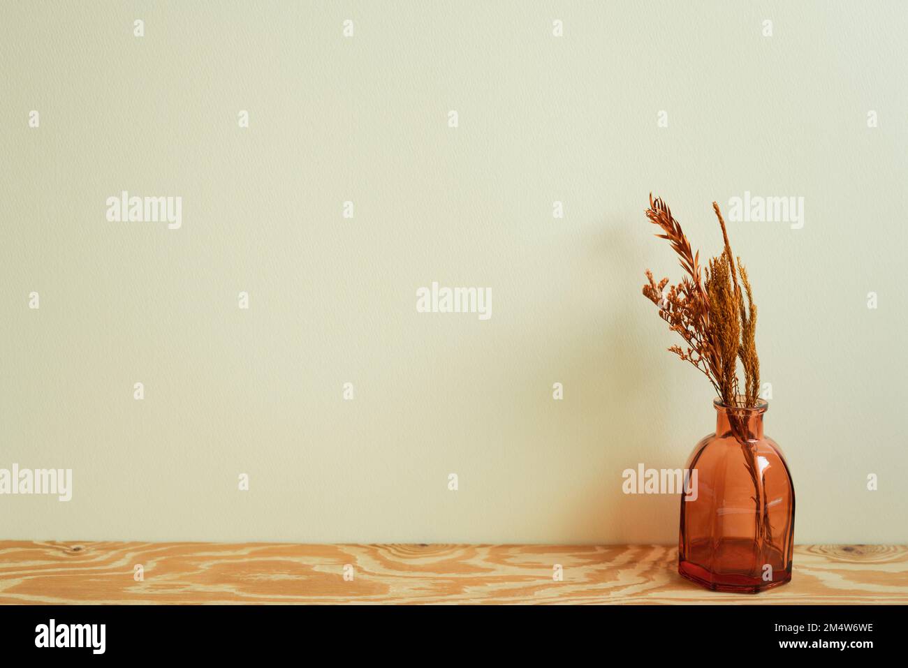 Vaso di vetro marrone di fiore secco su tavola di legno. sfondo parete avorio. interno della casa, arredamento, spazio copia Foto Stock