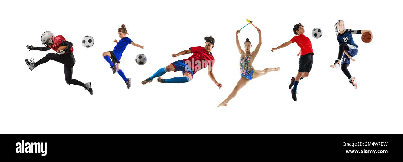 Giocatori professionisti e junior di basket, calcio, ginnastica in azione su sfondo bianco. Concetto di sport, realizzazioni, concorrenza Foto Stock