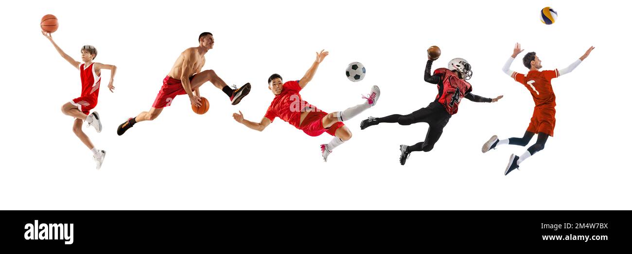 Giocatori di basket, calcio, pallavolo in azione su sfondo bianco. Concetto di sport, realizzazioni, competizione, campionato. Collage Foto Stock