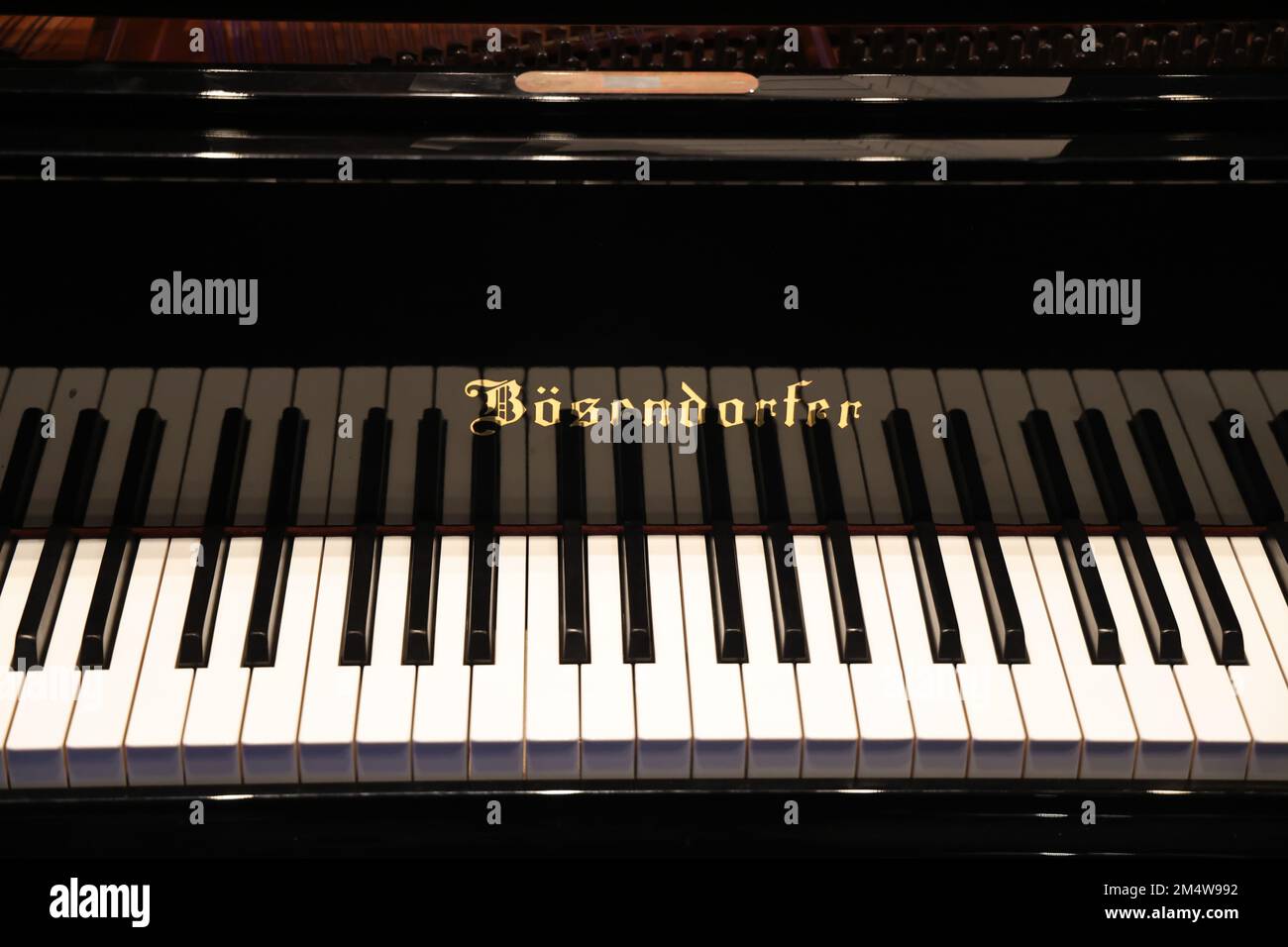 Tastiera di un pianoforte nero lucido con marchio visibile: Bösendorfer Foto Stock