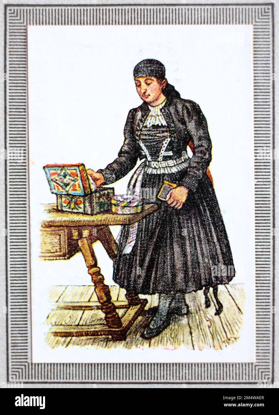 Trachten in Deutschland im 19. Jahrhundert, Süddeutschland, Frau,Bäuerin aus Mittelbaden, Historisch, restaurierte digitale Reproduktion von einem Sammelbild aus dem Jahre ca 1910 / costumi tradizionali in Germania nel 19th ° secolo, Germania meridionale, donna, contadina di Mittelbaden, riproduzione storica, restaurata digitalmente da un quadro collettivo dall'anno circa 1910 Foto Stock