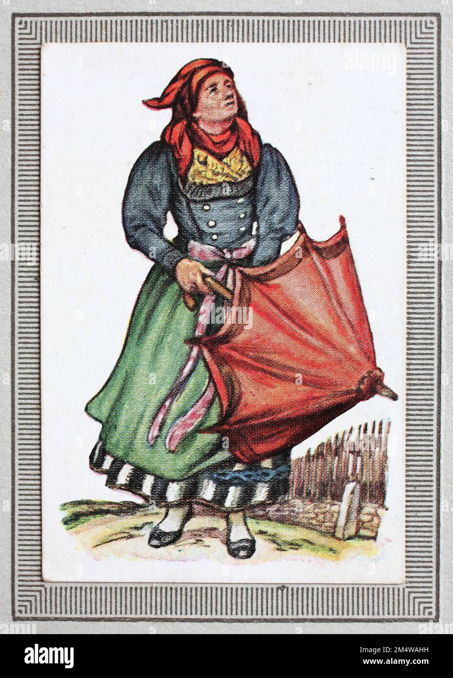 Trachten in Deutschland im 19. Jahrhundert, Süddeutschland, Frau, Bäuerin mit Regenschirm aus Franken, Historisch, restaurierte digitale Reproduktion von einem Sammelbild aus dem Jahre ca 1910 / costumi tradizionali in Germania nel 19th ° secolo, Germania meridionale, donna, contadina con ombrello da Franconia, storico, riproduzione restaurata digitalmente da un quadro collettivo dell'anno 1910 circa Foto Stock