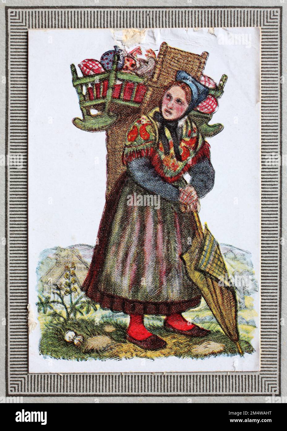 Trachten in Deutschland im 19. Jahrhundert, Rheinland und benachbarte Gebiet, Frau, Bäuerin aus dem Hunsrück, Historisch, restaurierte digitale Reproduktion von einem Sammelbild aus dem Jahre ca 1910 / Costumi tradizionali in Germania nel 19th ° secolo, Renania e dintorni, donna, contadina dal Hunsrück, storico, riproduzione restaurata digitalmente da un quadro collettivo dell'anno 1910 circa Foto Stock