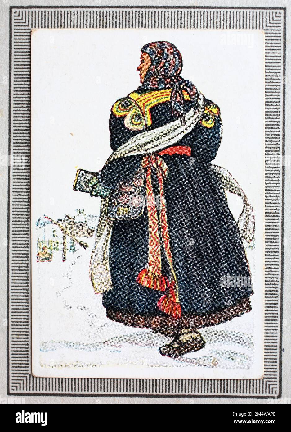 Trachten in Deutschland im 19. Jahrhundert, Ostpreussen, Frau, Mädchen in Tracht aus Litauen, Historisch, restaurierte digitale Reproduktion von einem Sammelbild aus dem Jahre ca 1910 / costumi tradizionali in Germania nel 19th ° secolo, Prussia orientale, donna, ragazza in costume tradizionale dalla Lituania, riproduzione storica, restaurata digitalmente da un'immagine collettiva da circa 1910 Foto Stock