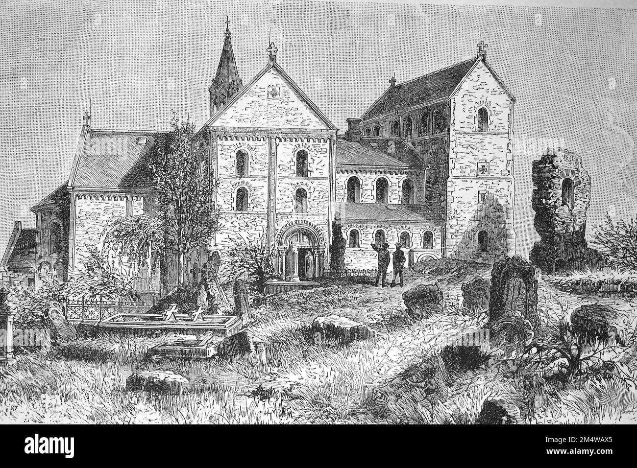 Die Peterskirche auf dem Petersberg bei Halle in Sachsen Anhalt im Jahre 1875, Deutschland, Historisch, digital restaurierte Reproduktion von einer Vorlage aus dem 19. Jahrhundert / St. Chiesa di Pietro sul Petersberg vicino Halle in Sassonia-Anhalt nel 1875, Germania, riproduzione storica, restaurata digitalmente da un originale del 19th ° secolo Foto Stock