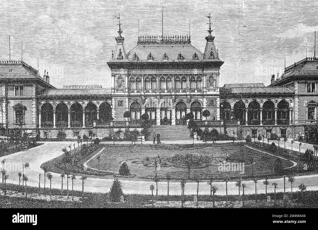 Das Kurhaus in Bad Elster im Jahre 1880, Vogtland, Sachsen, Deutschland, Historisch, Ristorante digitale Reproduktion von einer Vorlage aus dem 19. Jahrhundert / la casa termale a Bad Elster nel 1880, Vogtland, Sassonia, Germania, storico, riproduzione restaurata digitalmente da un originale del 19th ° secolo Foto Stock