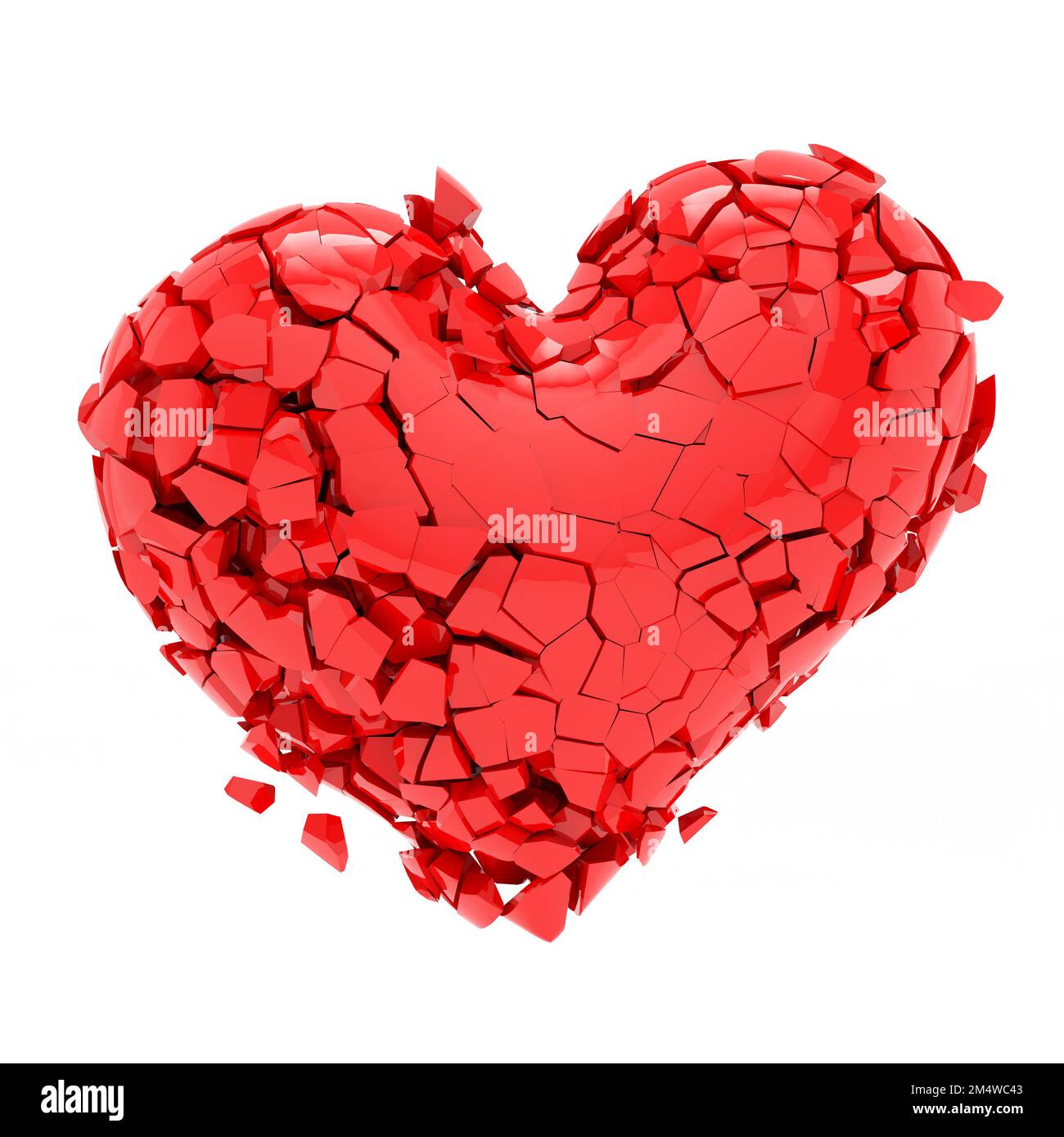 Il cuore rosso si sgretola in pezzi. Cuore spezzato su uno sfondo isolato. Cuore fatto di molti pezzi. rendering 3d. Foto Stock
