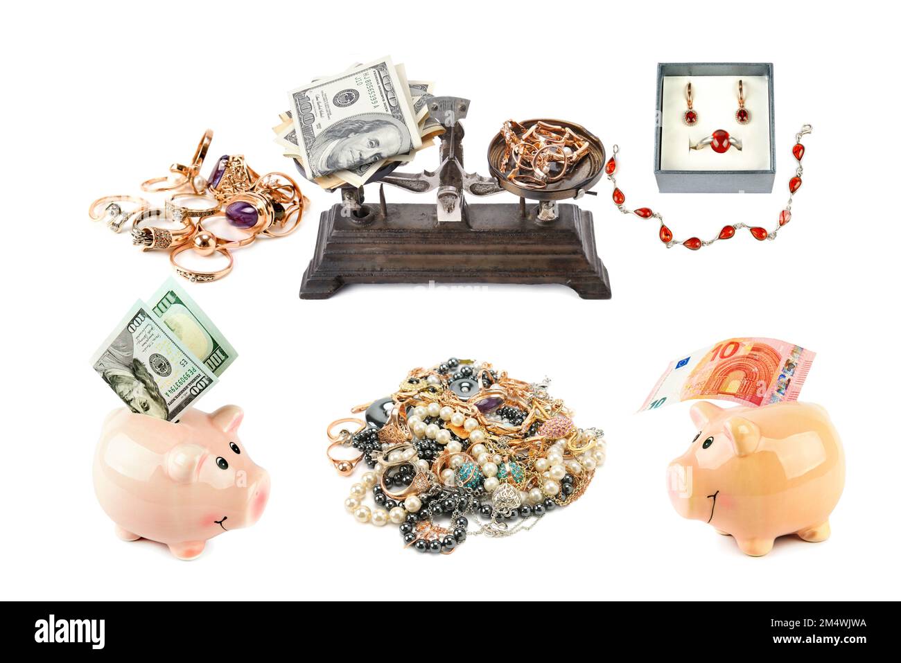 Dollari americani e denaro in euro, piggy bank, bilance e gioielli isolati su sfondo bianco. Collage. Concetto aziendale. Foto Stock