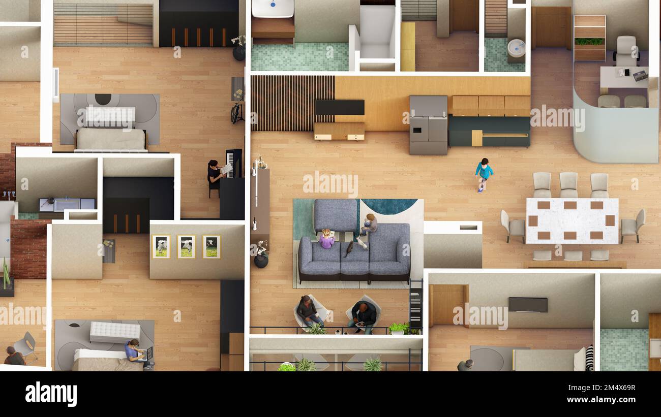 appartamento con 3 camere da letto e vista dall'alto con bambini e adulti  Foto stock - Alamy