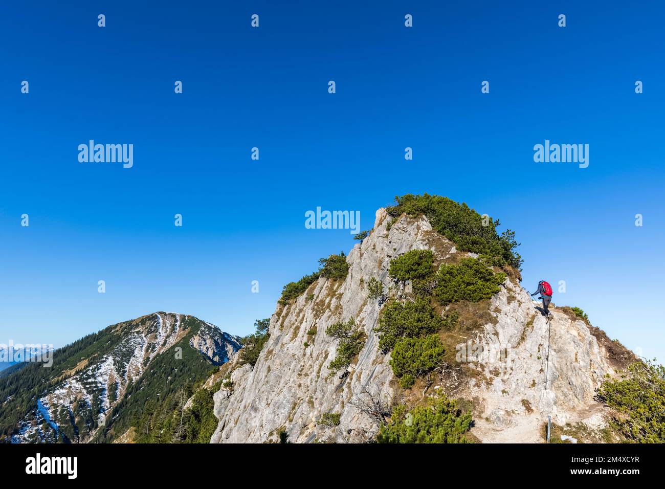 Germania, Baviera, escursionista femminile che raggiunge la cima del monte Heimgarten Foto Stock