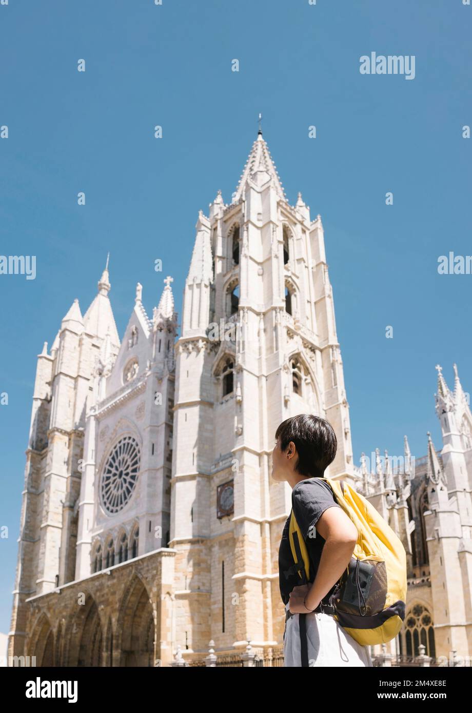 Spagna, Castiglia e Leon, Leon, turista femminile ammirando la Cattedrale di Leon Foto Stock