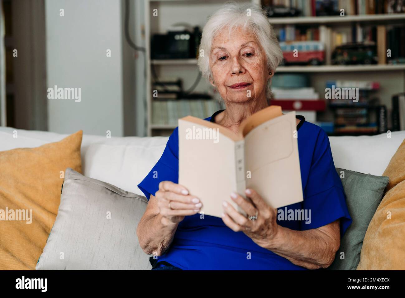 Senior donna leggendo un libro sul divano di casa Foto Stock