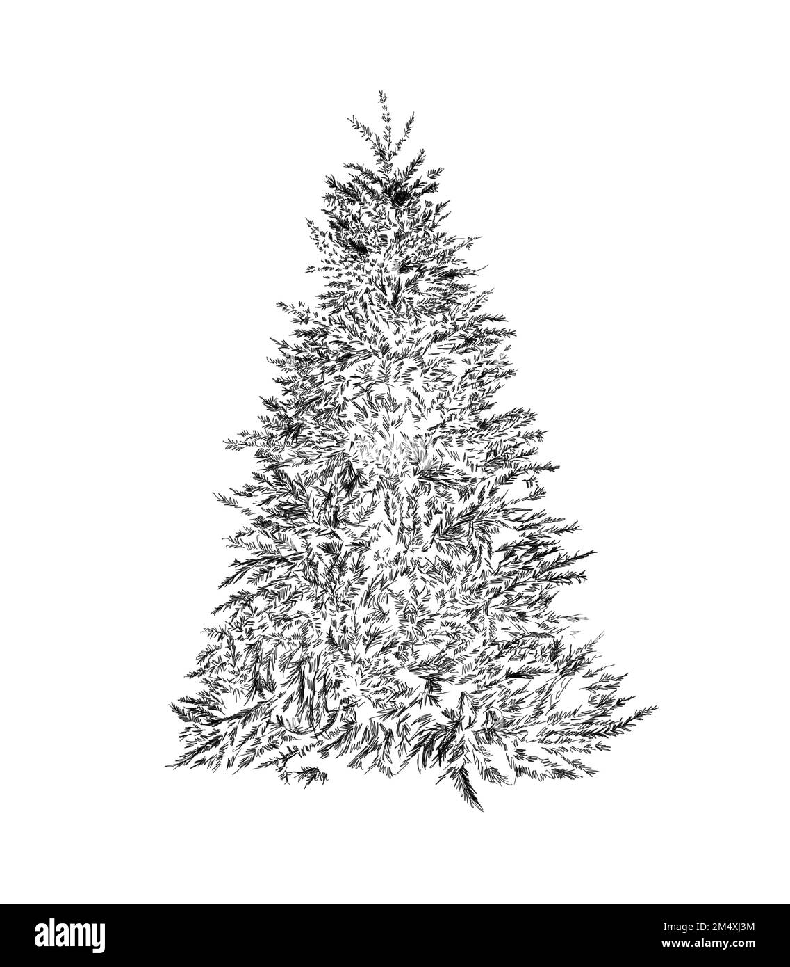 Disegno illustrato in bianco e nero con una sola linea di alberi di Natale. Inverno e vacanza ispirato albero di Natale design. Isolato su sfondo bianco. Foto Stock