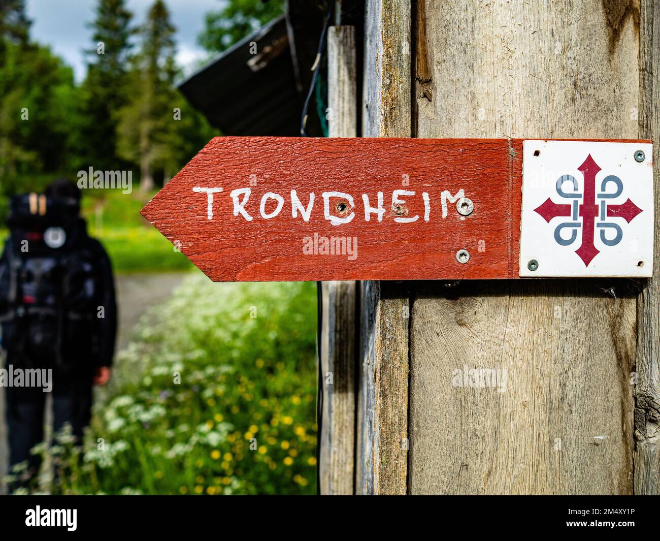 Il sentiero è segnalato per facilitare ai pellegrini la ricerca di questa strada scandinava. La Croce di Sant’Olav conduce la strada. Questo simbolo appare come un distintivo di metallo, un adesivo o un pezzo di legno e si trova a intervalli regolari lungo l'intero sentiero di St Olavsleden. Il pellegrinaggio scandinavo è conosciuto come 'St. Olavsleden', è una rotta 580km che va dal Mar Baltico ad est all'Oceano Atlantico ad ovest, da Selånger in Svezia a Trondheim in Norvegia. Foto Stock