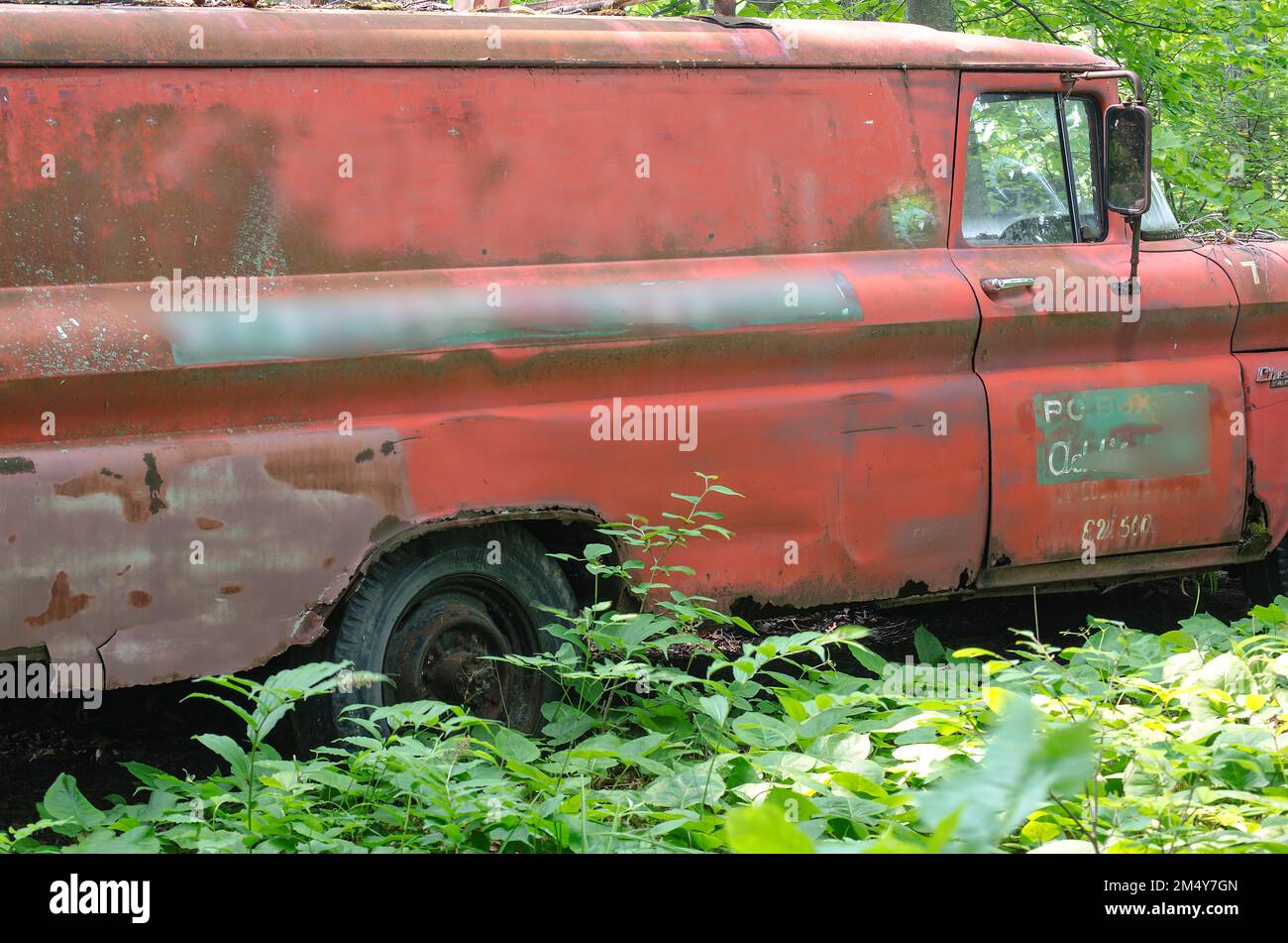 Un vecchio camion di lavoro depreda si siede arrugginito dove è stato parcheggiato per un'ultima volta molti anni fa, Ellison Bay, Door County, Wisconsin Foto Stock