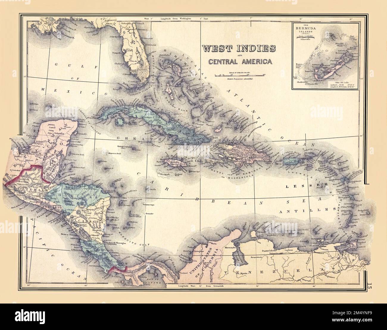 Indie Occidentali e America Centrale 1876 Mappa. La mappa mostra le isole e i punti di riferimento importanti del Mar dei Caraibi. Si tratta di una riproduzione della mappa storica splendidamente dettagliata. Questa riproduzione restaurata e dettagliata mette in luce molti dettagli e punti di riferimento, rendendo questa mappa un grande riferimento storico. Foto Stock