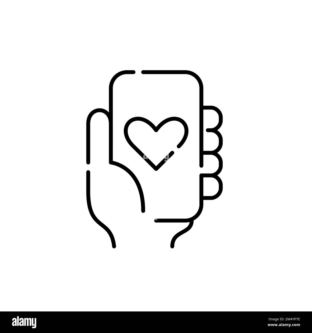Tenere in mano lo smartphone con il simbolo del cuore sullo schermo. Pixel Perfect, icona del tratto modificabile Illustrazione Vettoriale