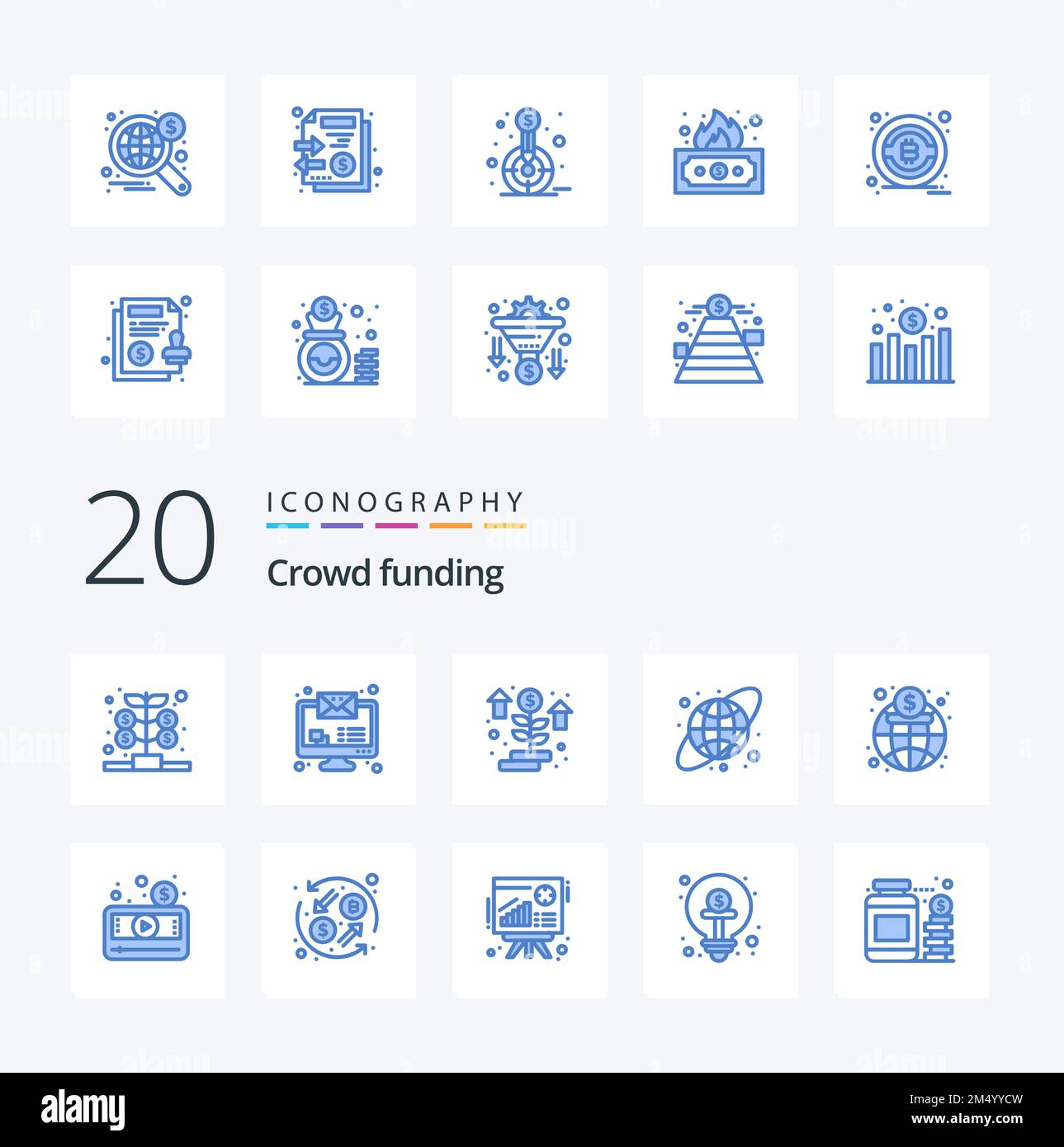 20 Crowdfunding Blue Color Icon Pack come la finanza globale economia monetaria griglia circolare Illustrazione Vettoriale