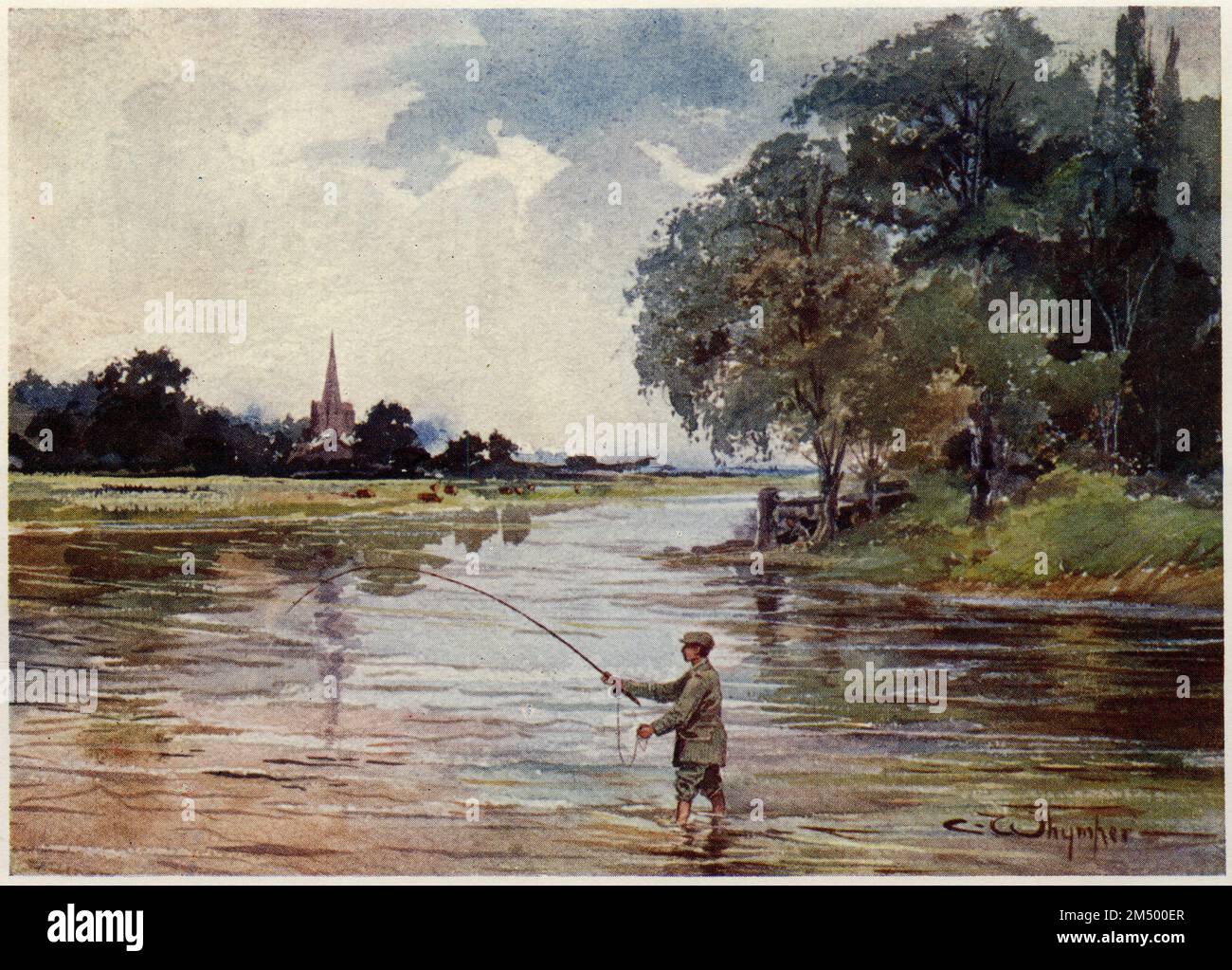 Mezzitono di un dipinto ad acquerello di Charles Whymper che mostra un pescatore di trote nel fiume Avon a Hants, Inghilterra, pubblicato nel 1906 Foto Stock