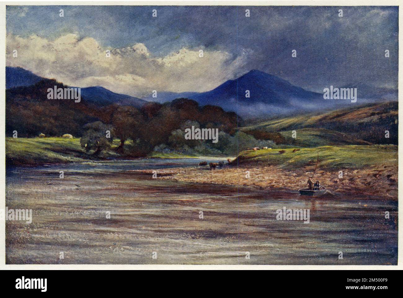 Mezzitoni di un dipinto ad acquerello di Charles Whymper che mostra un pescatore al fiume Tay, Dalguise, Scozia, pubblicato nel 1906 Foto Stock