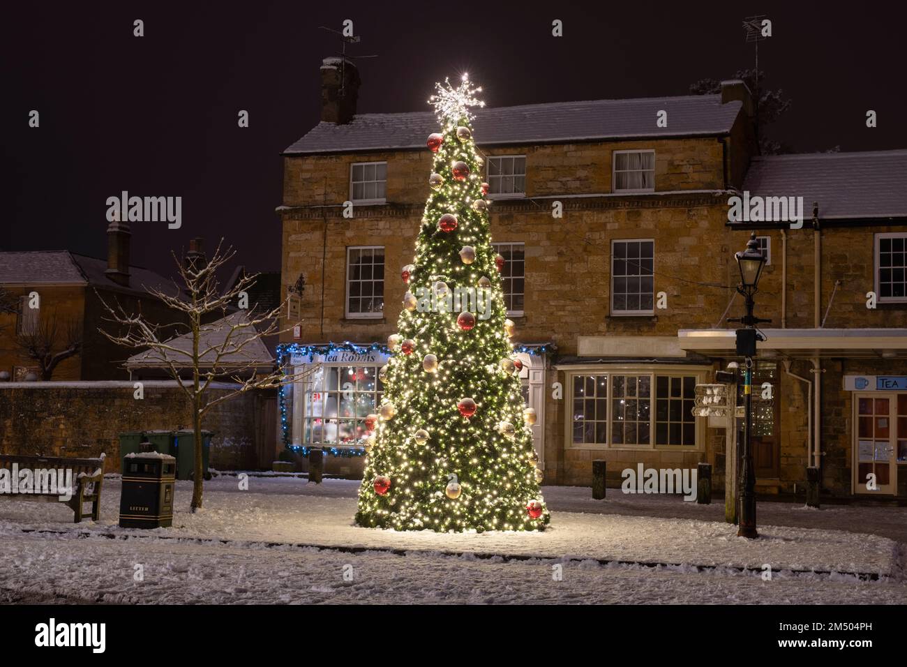 Albero di Natale nella neve di notte. Broadway, Cotswolds, Worcestershire, Inghilterra Foto Stock