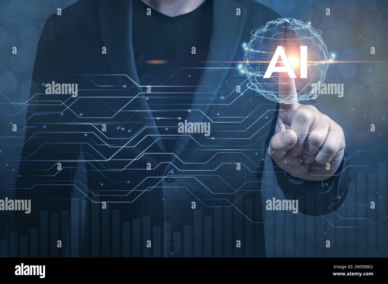 Uomo d'affari che tocca l'intelligenza artificiale ai nel business futuristico e nello sviluppo di software di codifica su interfaccia e sincronizzazione di connessione di rete Foto Stock