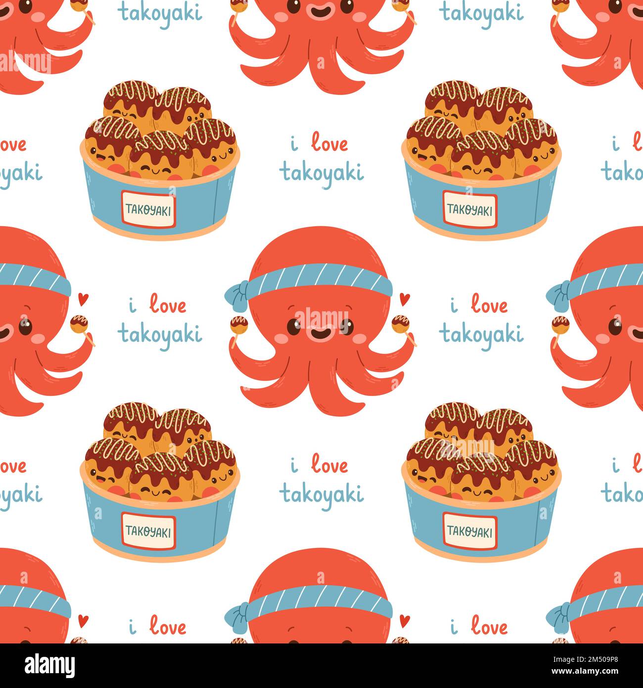 Takoyaki senza cuciture modello vettore cibo asiatico. Takoyaki carino su sfondo bianco. Sfondo Illustrazione Vettoriale