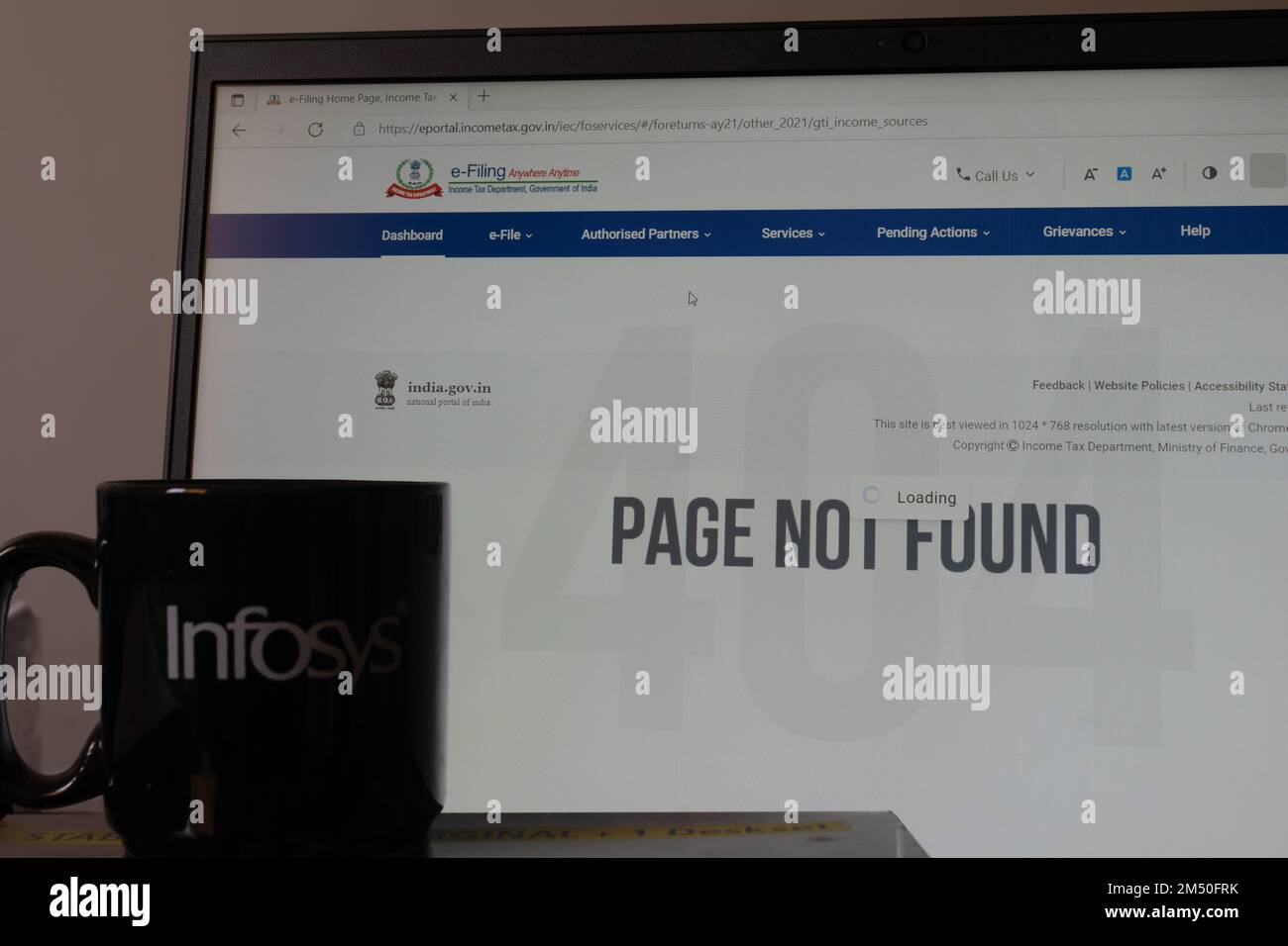 Pagina di errore non trovata sul portale indiano di imposta o Web page di deposito di imposta di reddito del governo indiano sviluppato da Infosys e dal gigante INDIANO DI IT. Foto Stock