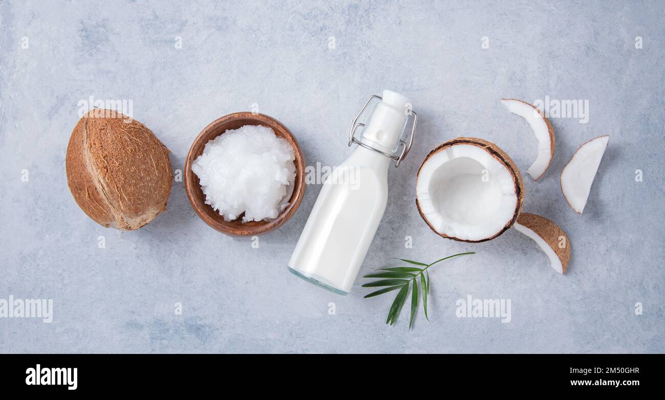 Concetto sano piatto di posa. Bottiglie di latte vegano, olio di cocco, fette di cocco e ramo di palma su sfondo blu. Vista dall'alto e immagine dello spazio di copia Foto Stock