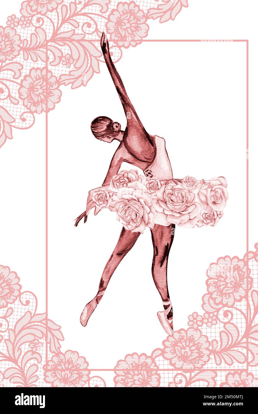 Ballerina con fiore e pizzo disegnata a mano con modello di watercolor. Rosa bella ballerina. Illustrazione disegnata a mano con acquerello. Foto Stock