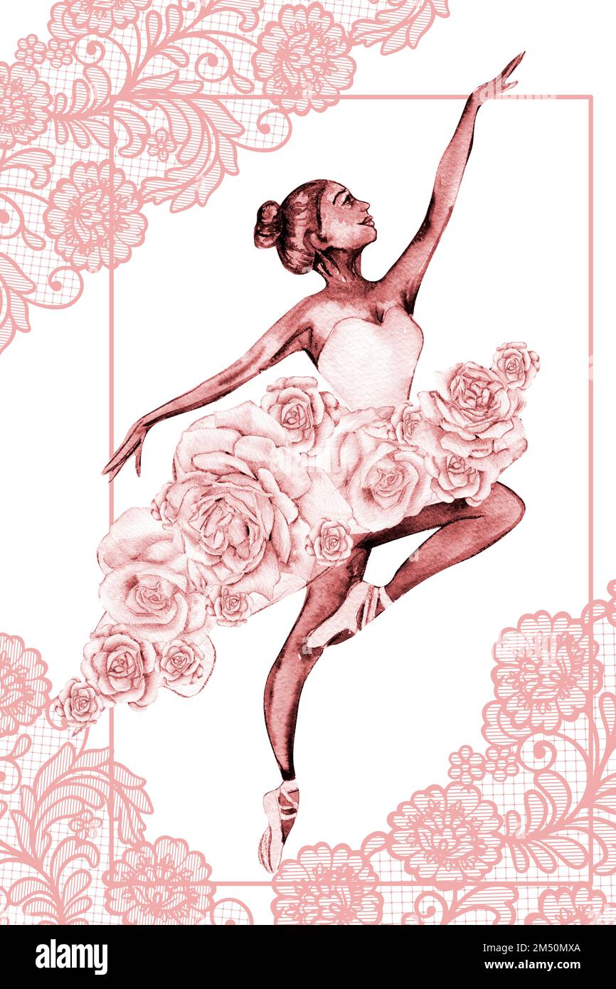 Ballerina con fiore e pizzo disegnata a mano con modello di watercolor. Rosa bella ballerina. Illustrazione disegnata a mano con acquerello. Foto Stock