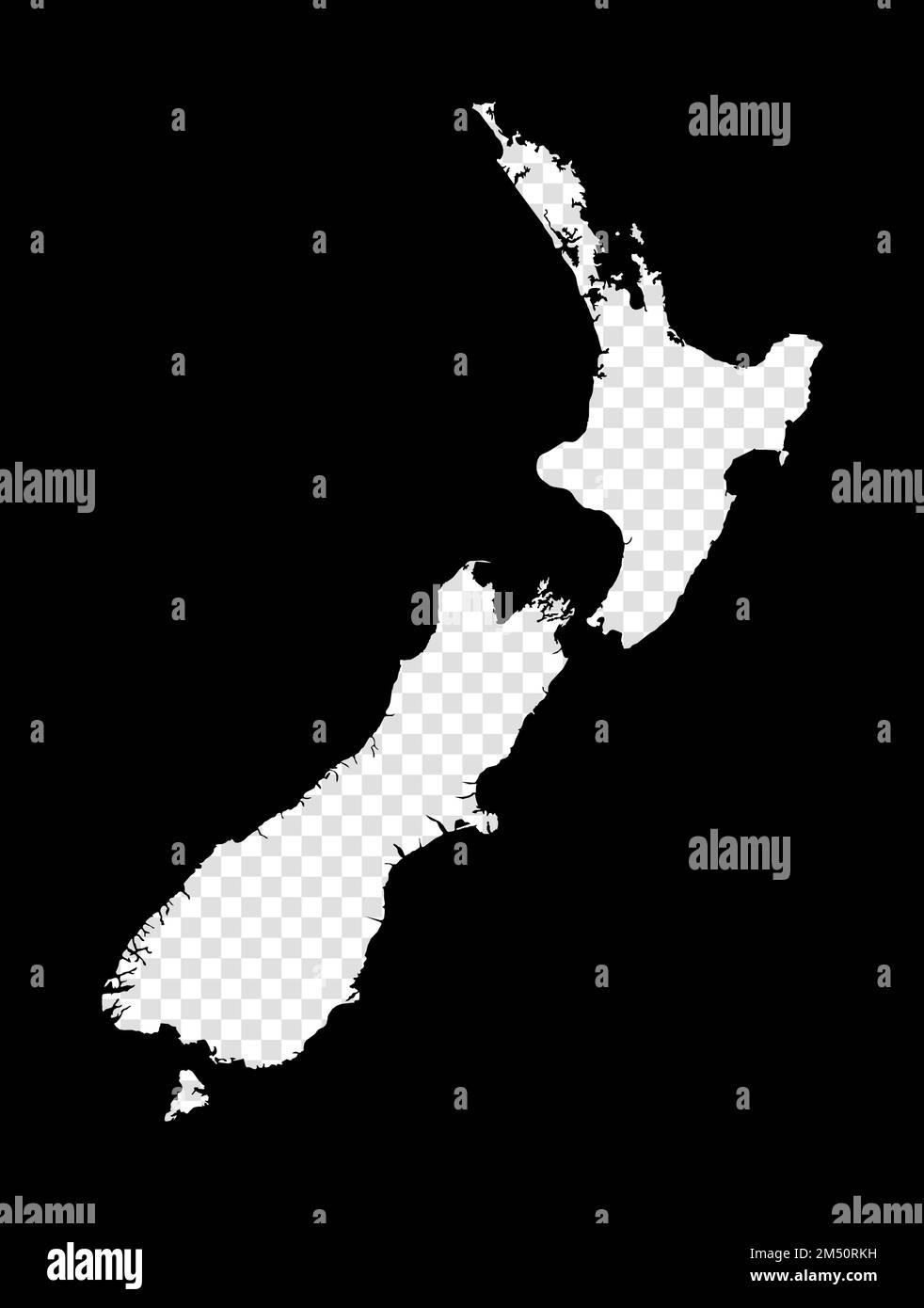 Mappa stencil della nuova Zelanda. Semplice e minimale mappa trasparente della nuova Zelanda. Rettangolo nero con forma tagliata del paese. Illustrazione Vettoriale