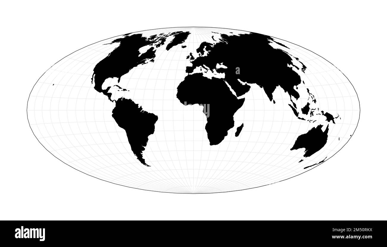 Mappa del mondo nero su sfondo bianco. Sporgenza del martello. Pianifica la mappa geografica del mondo con le linee di graticlue. Illustrazione vettoriale. Illustrazione Vettoriale