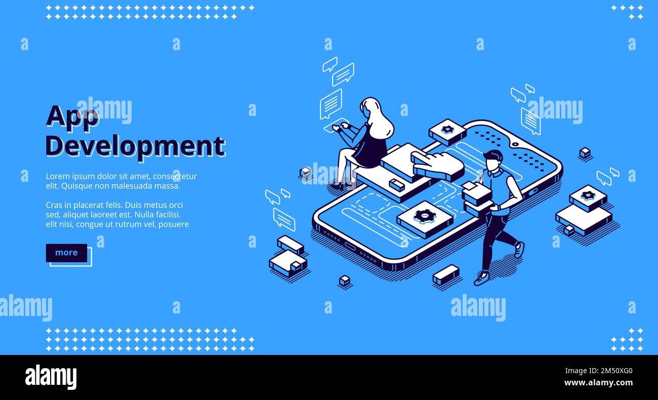 Landing page isometrica per lo sviluppo di app mobili. Esperienza utente, creazione di un'interfaccia telefonica ui ux. Le persone più piccole di enormi smartphone lavorano su applicazioni software per gadget, banner Web vettoriali 3d line art Illustrazione Vettoriale