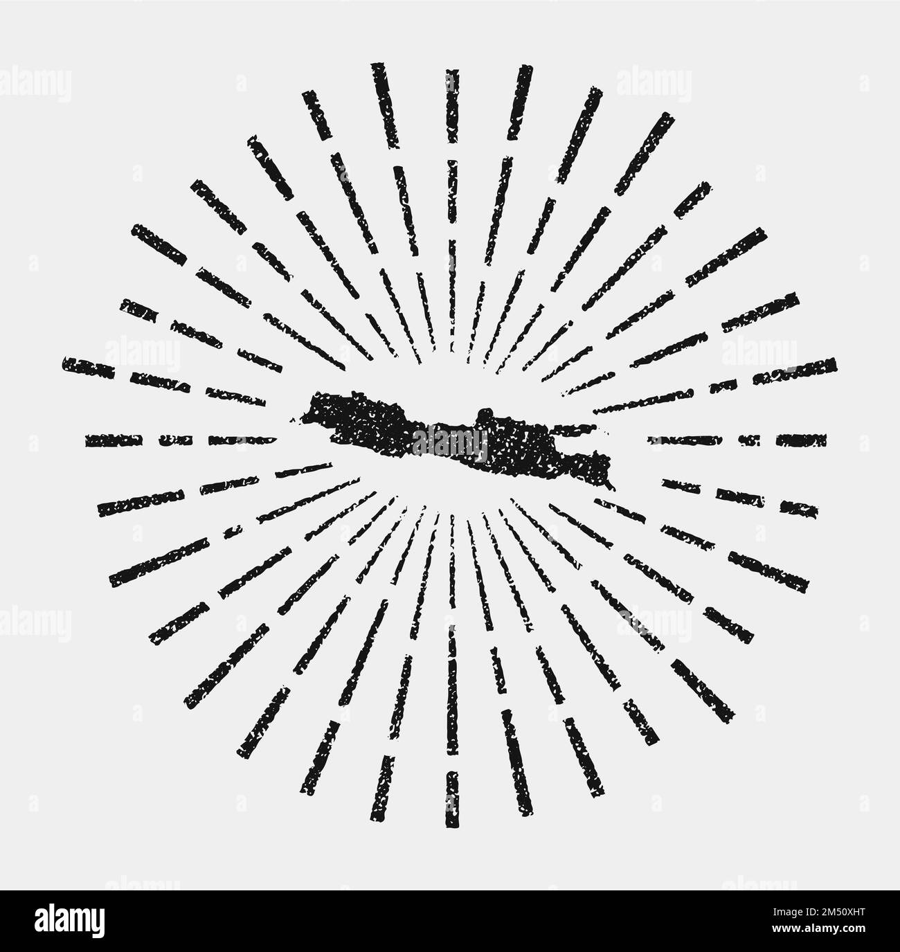 Mappa vintage di Java. Il sole grunge scoppiò intorno all'isola. Forma Java nera con raggi solari su sfondo bianco. Illustrazione vettoriale. Illustrazione Vettoriale